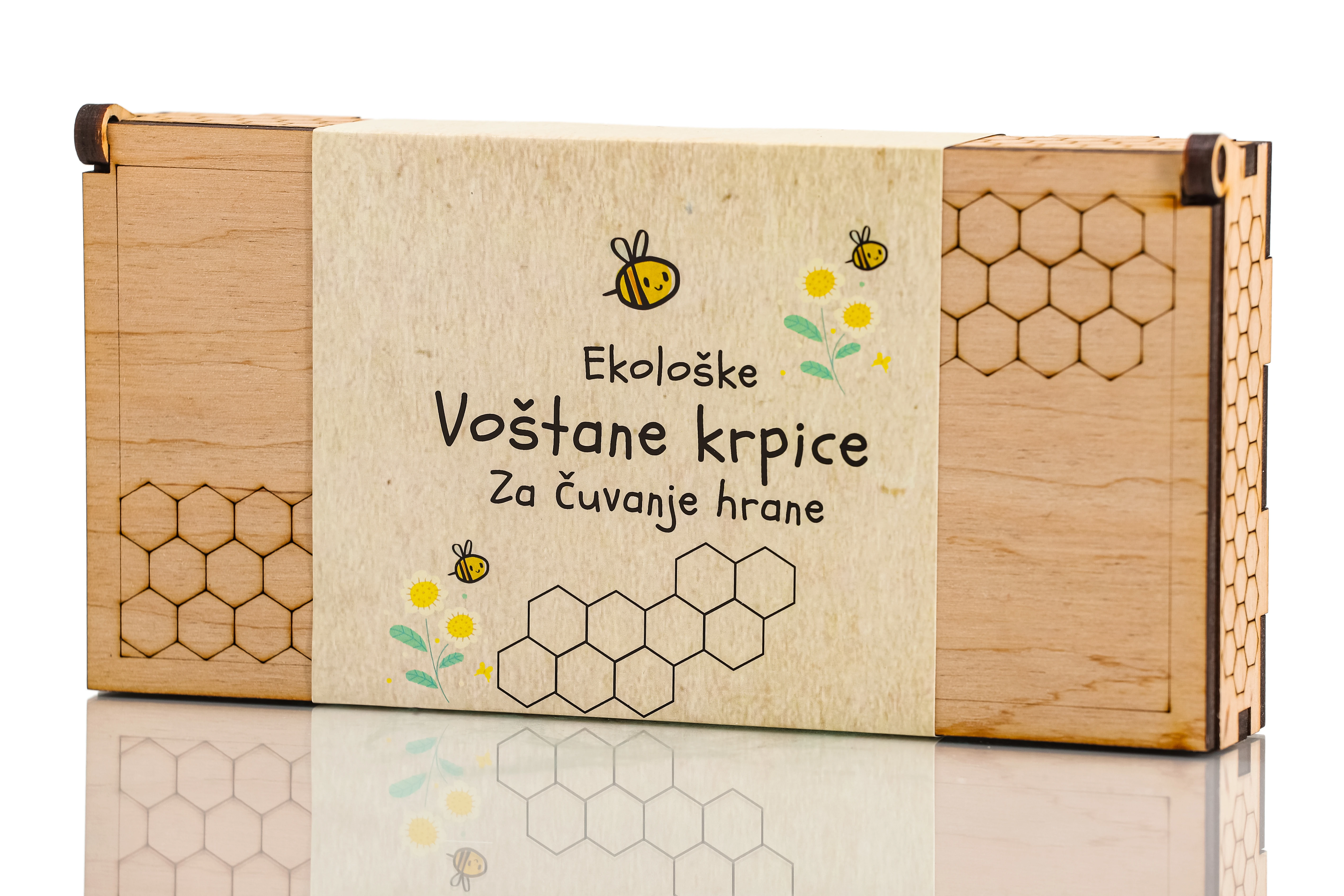 Ekološke voštane krpice za čuvanje hrane 6 kom  i drvena kutija Beez&Toys